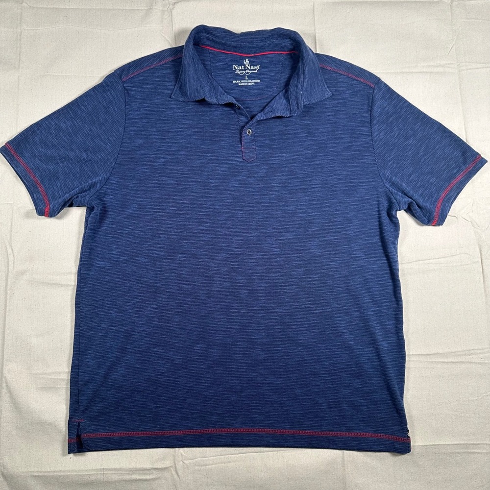 Nat Nast Mens Blue Heathered Polo Shirt Red Contrast Stitching Size L